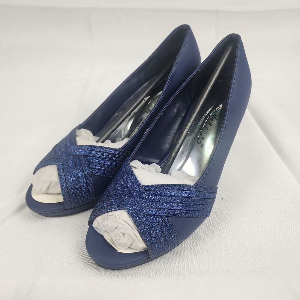 Easy Street Alive@5 Lavish Navy Glitter Peep Toe Block Heel Pumps 6.5 M